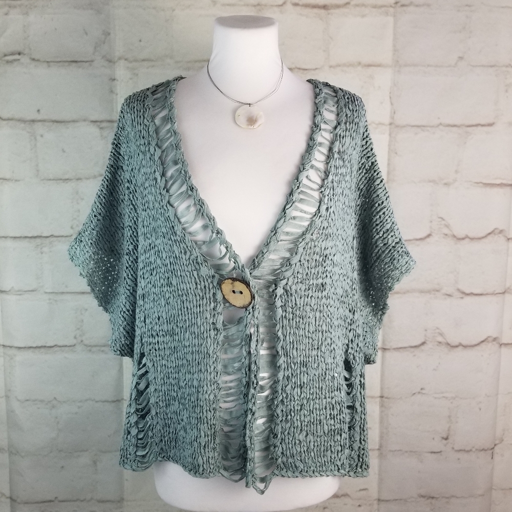 Adini S/M Oversized Slate Blue Crocheted Open Knit Short Sleeve Cardigan Shrug
